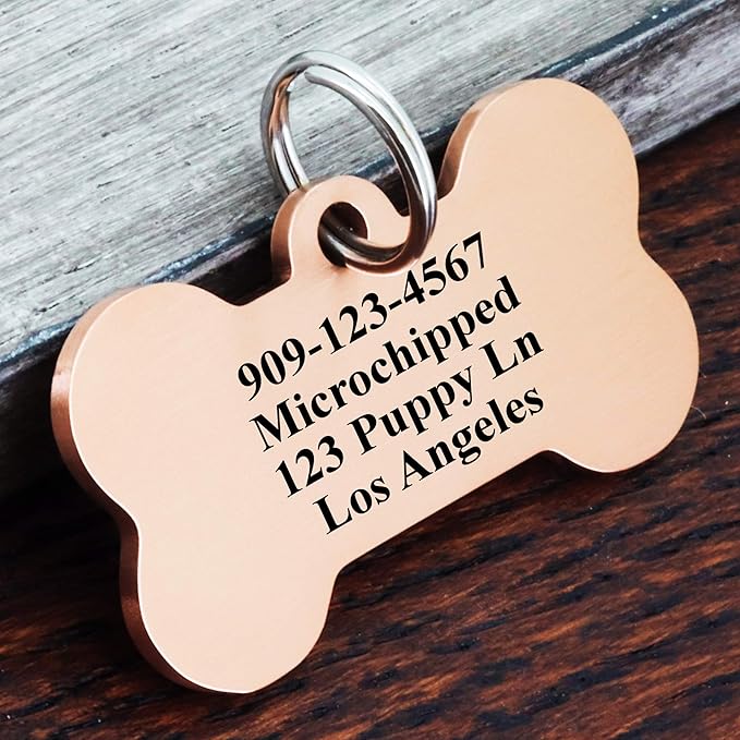 Ultra Joys Personalized Dog Tags for Pets - Durable Stainless Steel Customizable Dog Cat ID Tags - Dog Tags for Safety Optional Engraved on Both Sides -Bone Shape Dog Tag Small Size, Rose Gold