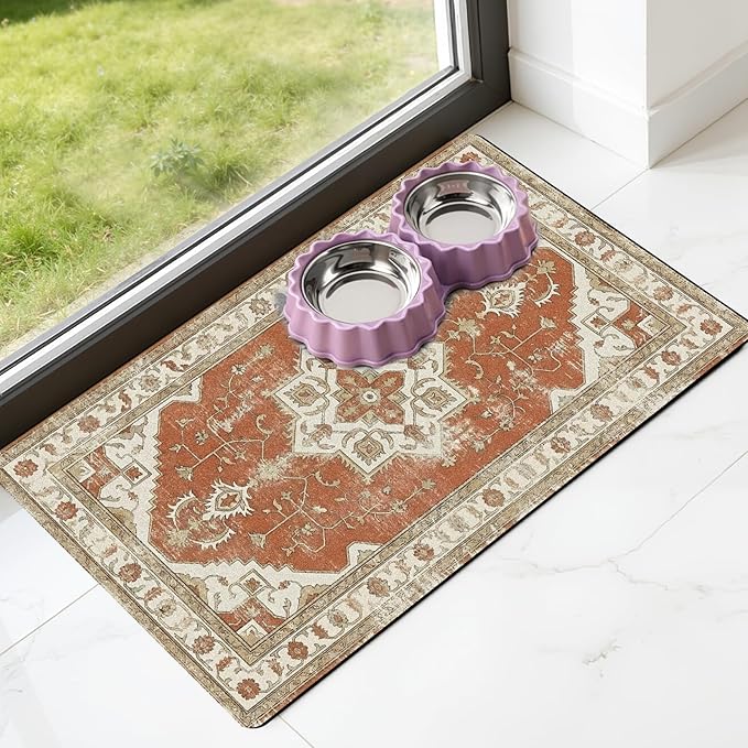 Dog Food Bowl Mat - Absorbent Quick Dry Dog Feeding Mats for Food and Water, Anti Slip Cat Bowl Placemat for Floors, Diatomite Pet Dish Matts Accessories Supplies, Bohemia Style, 17 * 30in