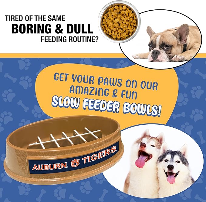 NCAA Super-Bowl - Auburn Tigers Slow Feeder Dog Bowl. Football Design Slow Feeding Cat Bowl for Healthy Digestion. Non-Slip Pet Bowl for Large & Small Dogs & Cats