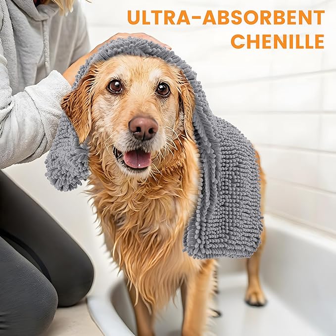 Smiry Chenille Dog Drying Towel, Extra Absorbent Bath Towel for Mud Dogs, Ultra Soft Quick Dry Pet Wash Mitt for Bathing, Grooming and Post-Walk Cleaning (38x15 Inches, Grey)