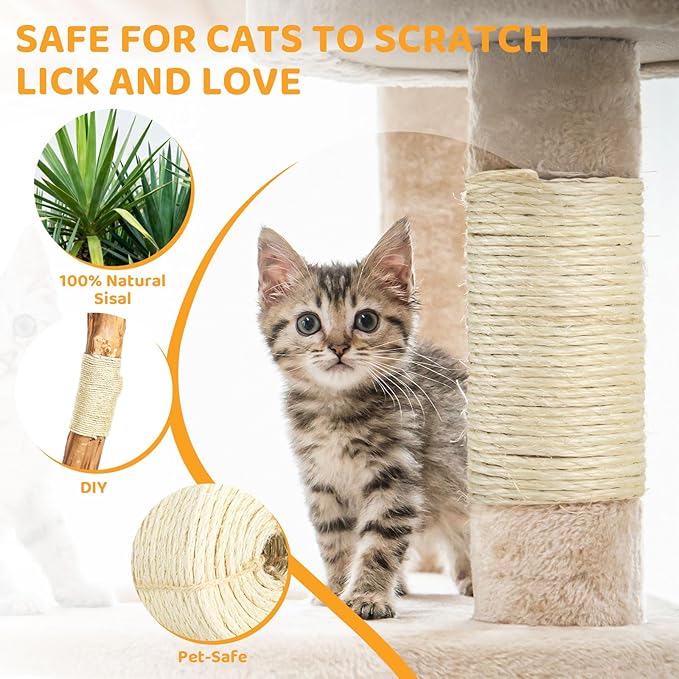 Natural Sisal Rope for Cat Scratcher Tree Thick 5-mm 1/5 Inch by 100 Feet, Cat Tower Climbing Twine for Cat Scratching Post Replacement, Scratch Post Repairing, Replace, Recovering and DIY, White