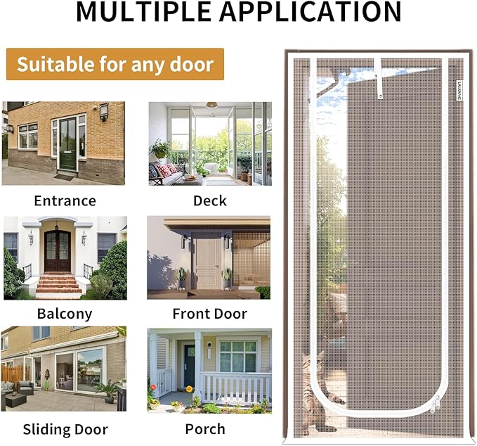 Cat Screen Door 36x83'' Reinforced Cats Resistant Mesh Screen Door with Zipper Closure, Pets Scratch Proof Screen for Living Room, Bedroom, Patio, Fits Openings 34x81''