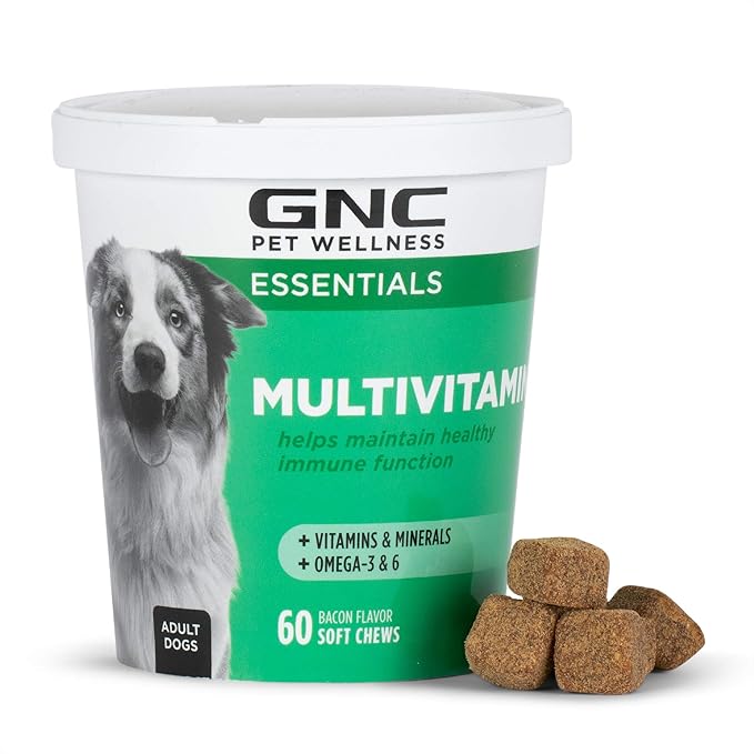 GNC Pets Essentials Dog Multivitamin Soft Chews with Salmon Oil, Bacon Flavor Daily Vitamin and Mineral Supplement for Puppies, Adult and Senior Dogs, Skin Coat and Immune Support, 60 Count