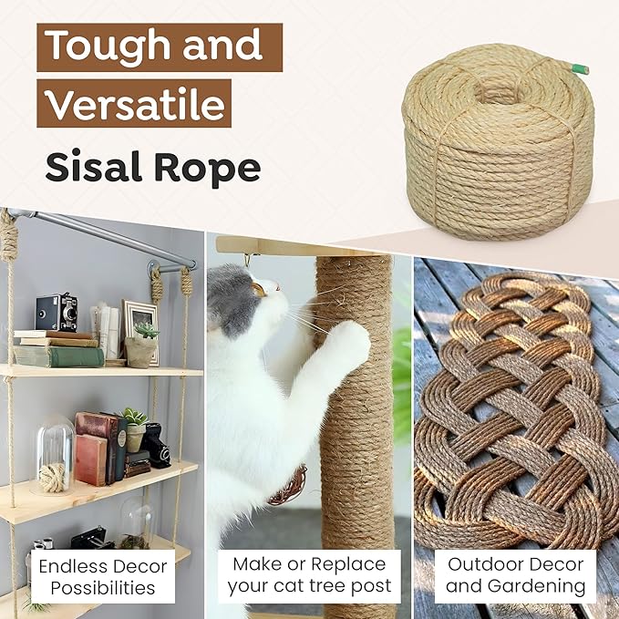 Premium Brazilian Sisal Rope, Natural Fiber 100% Sisal, Ultra Durable, Chemical-Free, Ideal for DIY, Cats, Scratching Post Replacement, Home Decor, Garden, Crafting (3/8” 50 ft / 9.5mm 15m)