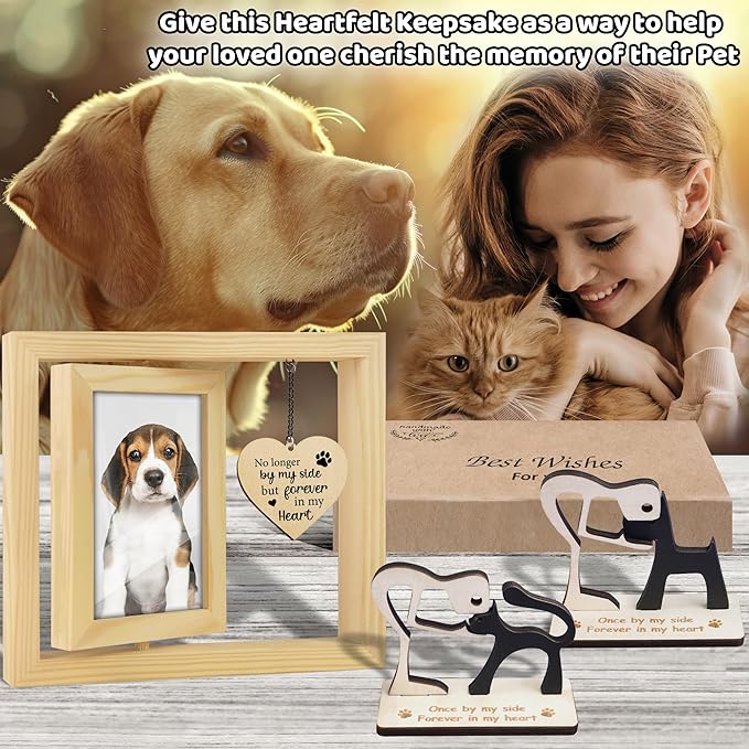 Pet Memorial Gift for Dogs Cats, Natural 360 Rotating Wooden Picture Frame 4x6 Photo, Pet Hair Keepsake Fur Jar Rainbow Bridge , No Longer By My Side But Forever in My Heart, Animal Loss Gift PR-3N