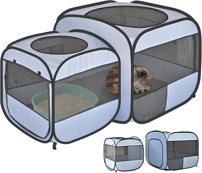 EighteenTek® 2-in-1 Portable Cat Playpen, Detachable into 2 Separate Cages with Additional 2 Doors, Pop up Pet Play Pen Cat Tent House, Foldable Puppy Enclosure Kitten Crates Indoors Outdoor(Grey)