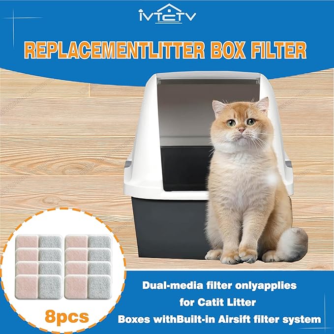 8 Pack Filter Replacement Compatible with Catit Airsift Jumbo/Regular/Smartsift Box, Dual Action Filter to Keep Catit Litter Box Fresh Smell，Cat Litter Box Filters Pads Replacement