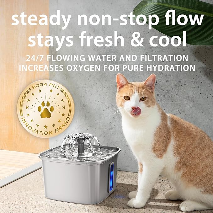 Veken Innovation Award Winner Stainless Steel Cat Water Fountain, 108oz/3.2L Automatic Pet Fountain Dog Water Dispenser with 3 Replacement Filters & Silicone Mat, Gifts for Cats, Dogs (Silver)