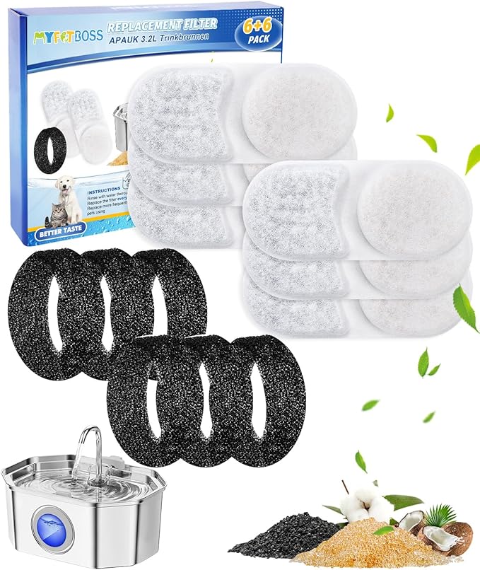 Cat Water Filter Replacement Compatible with APAUK 108oz/3.2L Cat Fountain, Filters for Cat Water Fountain Activated Carbon Water Filter for Fountain & Sponges, 6+6 Pack