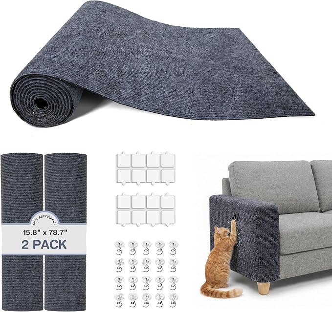 2 Pack Cat Scratcher Mat Roll for Furniture & Couch Protection | Total 157.5" x 15.8" Trimmable Self-Adhesive Carpet Cat Scratch Pad Replacement (Dark Grey)