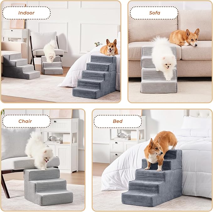 HYLEORY Dog Stairs for Bed 22.5''H, 5-Step Pet Stairs for Small Dogs & Cats, Sturdy Pet Steps with Non-Slip Bottom, Functional Portable Dog Ramp for Couch/Chair/Sofa/Car, with Storage Pocket, Grey