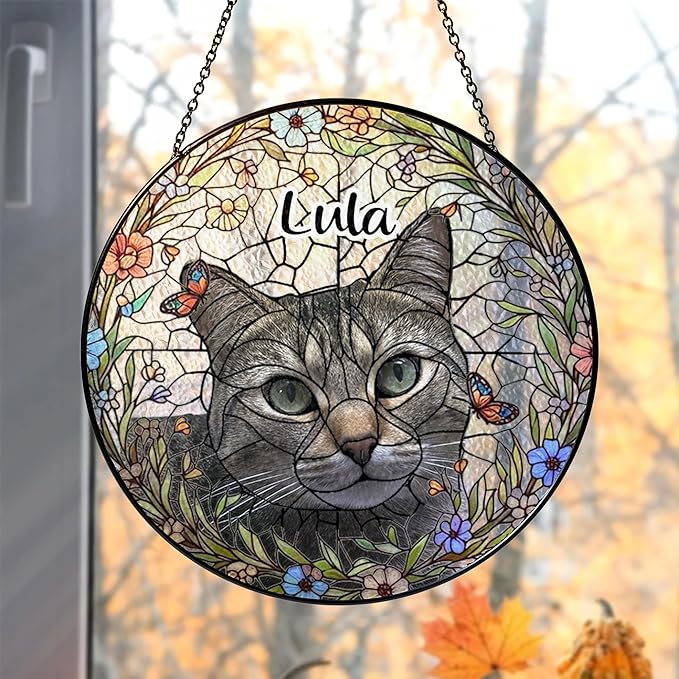 Custom Pet Memorial Sun Catcher, Glass Window Hanging with Photo, Floral Tribute Keepsake, Sympathy Gift for Dog or Cat Loss 2