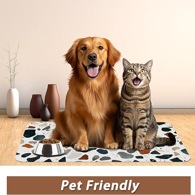 Terrazzo Stone Colorful Dog Cat Food Mat,Absorbent Pet Feeding Mat for Food and Water,Non-Slip Dog Bowl Mats Floor Protector 16"x24"