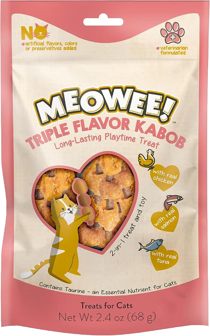 MEOWEE! Triple Flavor Kabobs Cat Treat, 2.4 Ounce Bag, Long-Lasting Playtime Treat for Cats Made with Real Chicken, Salmon & Tuna (Pack of 2)