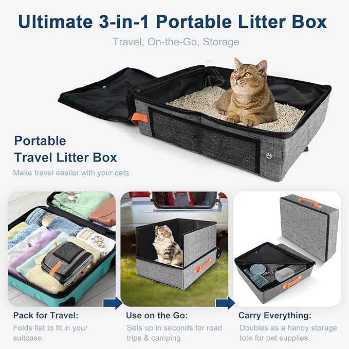 17.7''x 13.5''x 13.7" Travel Litter Box for Cats, Collapsible Cat Litter Box with Lid, Portable Cat Box with Zipper & Hard Bottom, Leak-Proof Kitty Litter Pan for Car Hotel Airplane, Water-Resistant