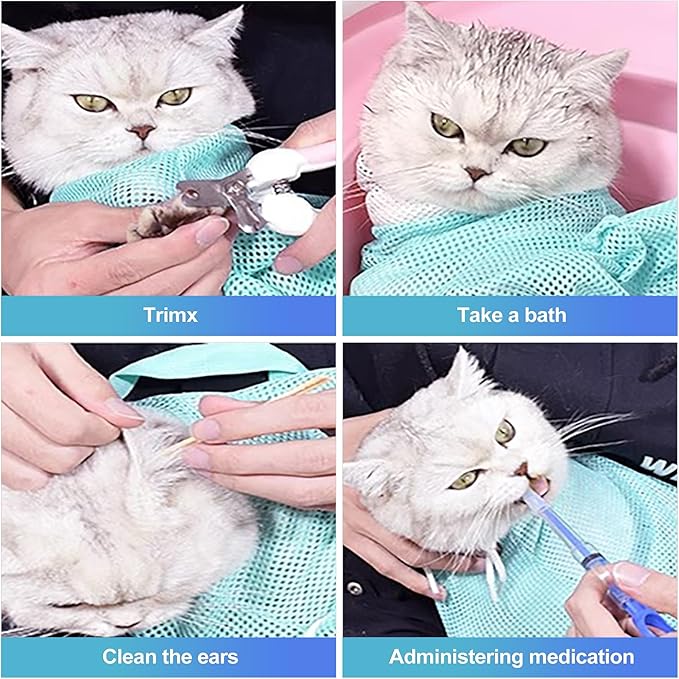 CoguZed 1-Piece Adjustable Anti-Scratch Mesh Cat Bathing Bag – Air-Ventilated Comfortable & Secure Design for Bathing, Grooming & Nail Trimming (Soft Mesh Padding, Non-Slip Base)