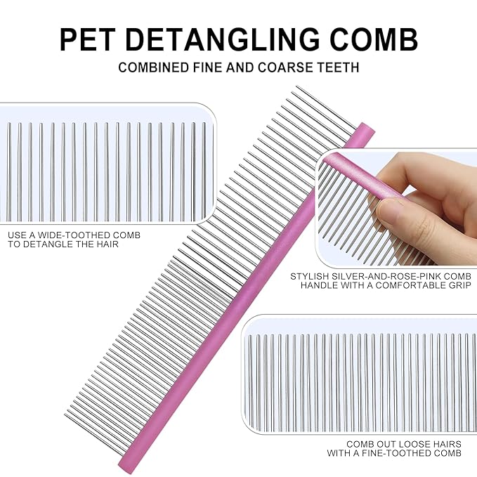 Large Purple Pet 2-in-1 Metal Comb Fine&Wide Tooth Comb Dematting Grooming Tool Pet Flea Comb for Dogs and Cats Remove Loose Hair Mats Knots Tangles Dirt Fleas