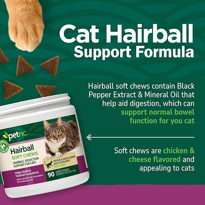 Petnc Hairball Soft Chews for Cats (90 Count), Helps Reduce Cat Hairball Formation with Mineral Oil & Black Pepper Extract, Chicken & Cheese Flavor, For Felines of All Ages & Breeds