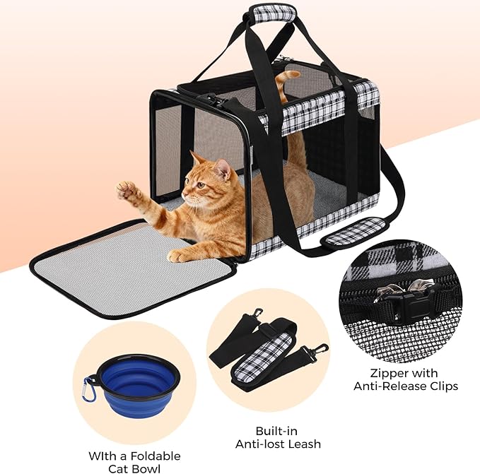 Soft Sided Cat Carrier for Large Cats Up to 20 Lbs, Collapsible Cat Bag Airline Approved with Upgrade Zipper Closures,17 * 12 * 12in Pet Travel Carrier for Small Dogs Puppy or 2 Kittens, Black