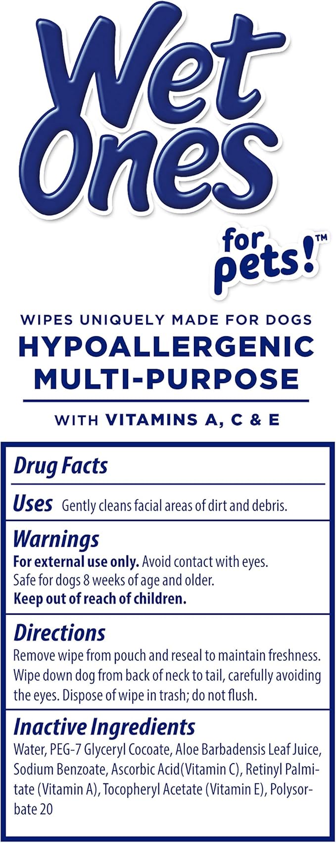 Wet Ones for Pets Hypoallergenic Multipurpose Dog Wipes with Vitamins A, C & E - No Fragrance Pet Wipes for Dogs in Canister, 50 Count - 3 Pack