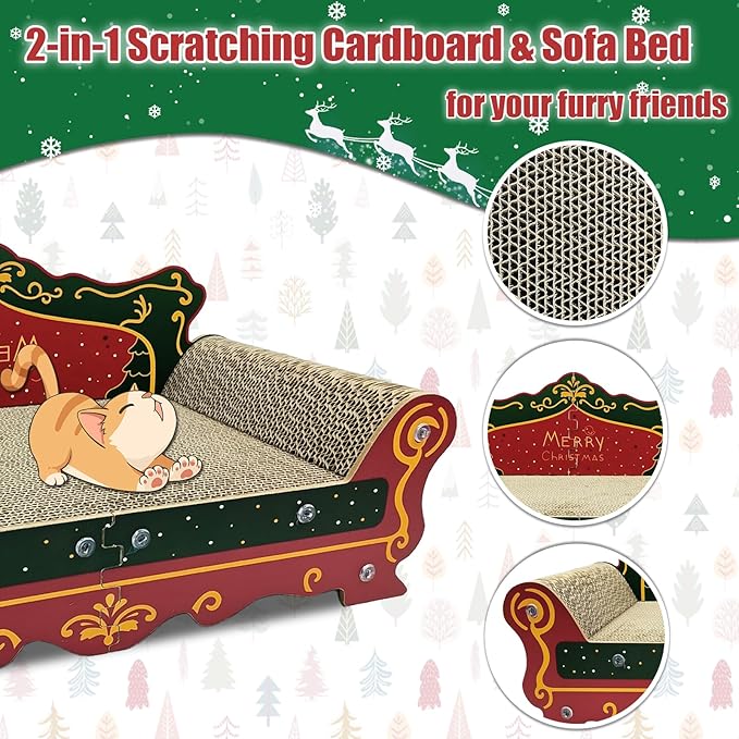 Luxury Cardboard Cat Scratcher Sofa Bed, Couch Shaped Scratching Board, Scratch Lounge with Catnip, Scratcher for Indoor Cats Large (Christmas Tree Pattern)