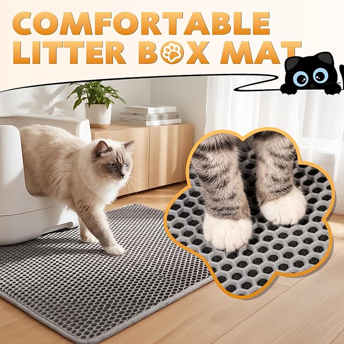 Cat Litter Mat, Honeycomb Double Layer Waterproof & Urine Resistant Non-Slip Litter Trapping, Easy Clean Washable Scatter Control for Litter Box (Gray, 24x15 Inch)