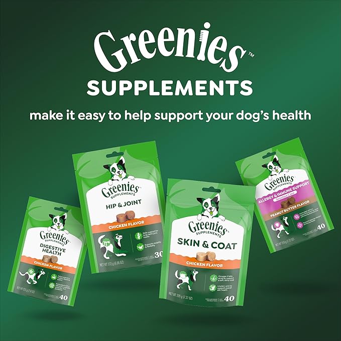 Greenies Supplements Dog Skin and Coat Supplements with Omega 3 Fatty Acids & Fish Oil for Dogs, Chicken Flavor, 14.7 oz, 80 Count