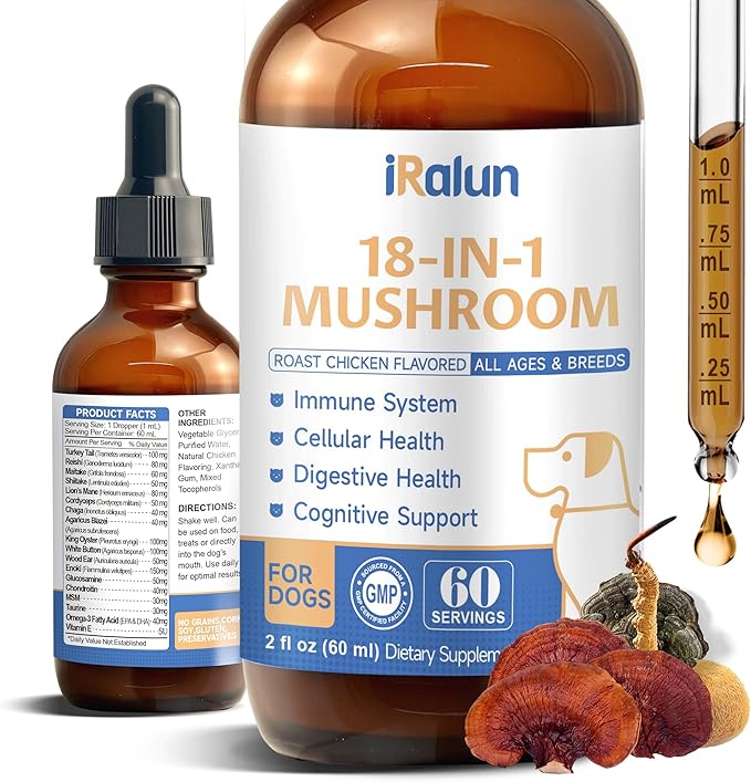 Organic Mushroom Supplement for Dogs - 18-in-1 blend with Turkey Tail, Reishi, Lion's Mane. Supports immune defense, allergy relief, joint & skin health. Tasty roast chicken flavor liquid, 60mL