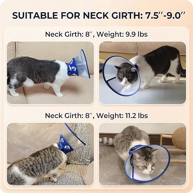 Cat Cone Recovery Collar, Adjustable Elizabethan Collar for Cats to Stop Licking After Surgery, Soft Comfortable Pet Cone for Neck Girth 7.5''-9.0''