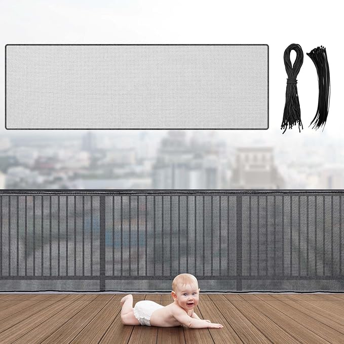 Hosuly Banister Guard 15 x 2.6 ft Balcony Netting for Kids Pets Stairway Safety Net Baby Fence Door Balcony Netting Safety Mesh Stair Net with No Drilling for Apartment Railing(Black)