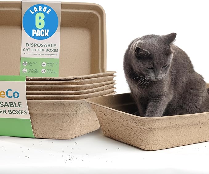 CallieCo Disposable Cat Litter Boxes - Portable Biodegradable Travel Litter Box for Cats, Sturdy and Durable Kitty Poo Box, Leak-Resistant Cat Tray Liners, Easy-Grip Rim, Large - 6 Pack