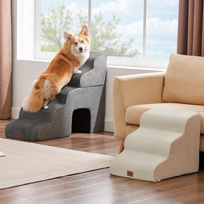 Joydeco Dog Stairs for Bed 22.8" H, 4-Step Pet Steps for Small Dogs and Cats, Dog Steps for High Bed, Non-Slip Balanced Ramp Indoor Pet Stairs, Gray