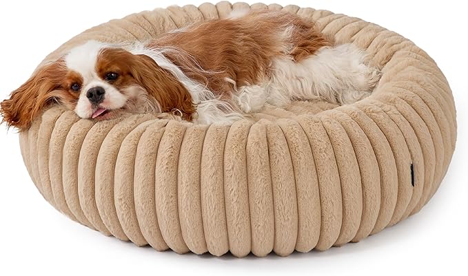Bedsure ComfyFleece Donut Medium Dog Bed - Washable Faux Fur with Corduroy Fleece & Anti Slip Bottom, Round Pet Bed with Removable Cover,Sandy Beige,30x30x8 inches