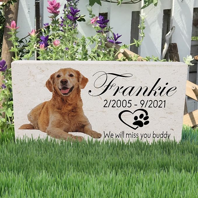 Custom Dog Memorial Stone, Personalized Pet Headstones for Dogs, Outdoor Pet Grave Markers with Photo Print and Text, Loss of Pet Sympathy Gift, 12”x 6”x1.25" Pet Grave Stone (A. Frankie Design)