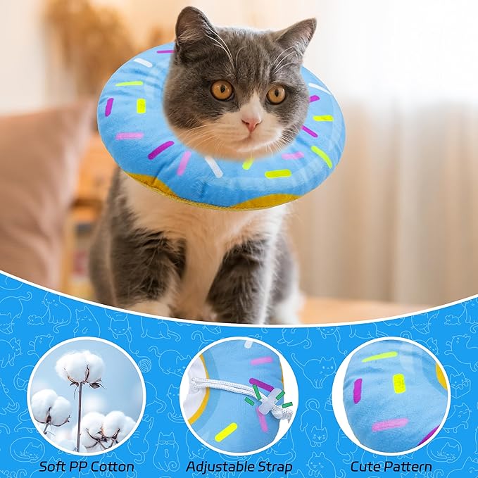 Seyezo Cat Cone Collar Soft,Adjustable Cat Recovery Collars Kitten Cones to Stop Licking, Cute Donut Neck Collar After Surgery, Elizabethan Kittens Protective Cones After Spay (Donut Blue, Large)