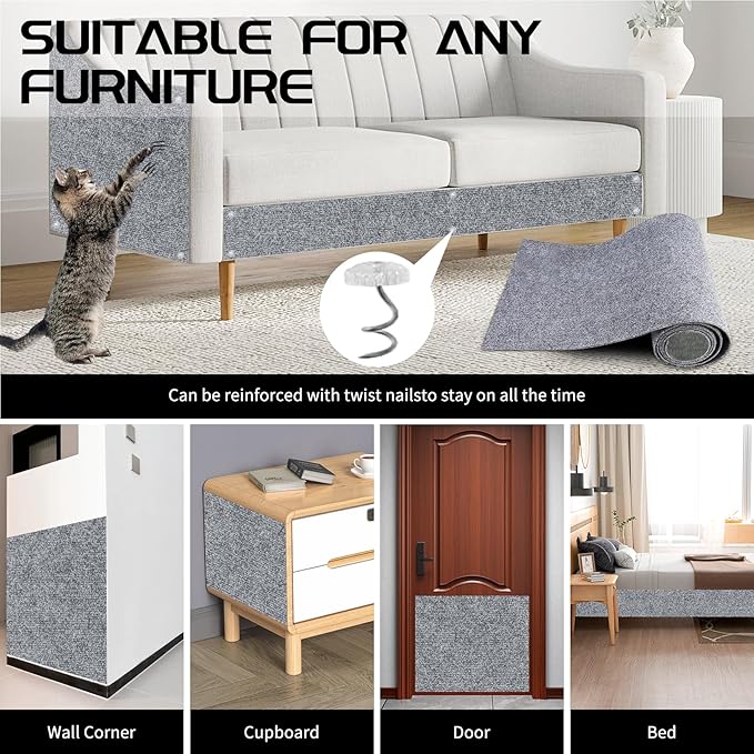 2 Pcs Total 78.8"x15.8" Cat Scratch Mat, Cat Scratch Couch Furniture Protector, Trimmable Self-Adhesive Cats Scratch Pads, DIY Cat Scratcher for Wall Protector and Covering Cat Tower (Light Grey)