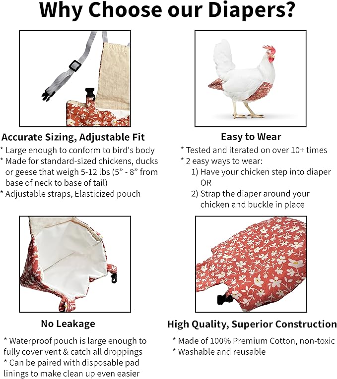 Chicken Diapers Duck Diaper Diaperalls for Hens, Roosters, Ducks, Ducklings - Reusable, Adjustable by Uni Infinity (Red Black Plaid, Chicken Large, 1, Count)