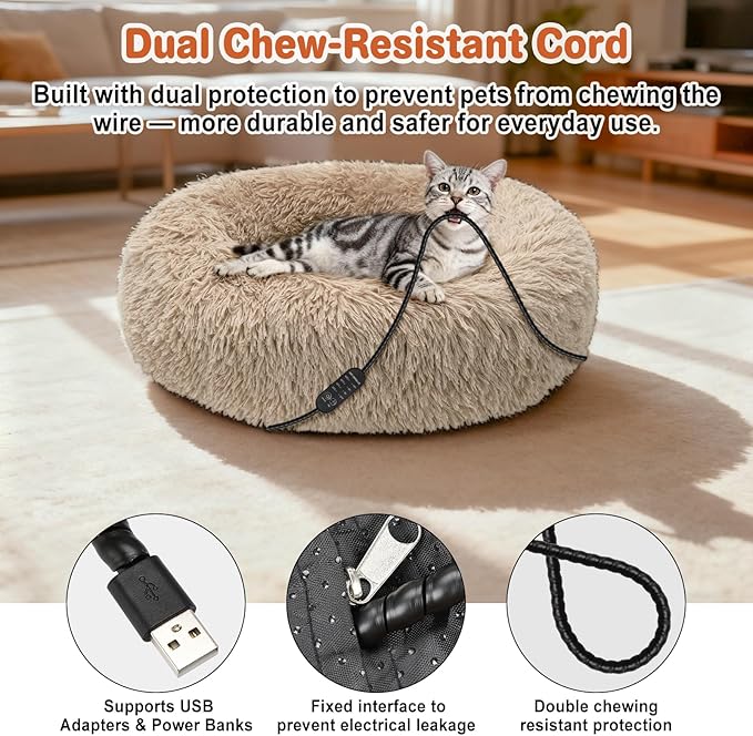 Heated Cat Beds for Indoor Cats and Small Dogs, 24'' Heated Pet Bed with Timer and Temp Adjustable, Cozy Fluffy Round Calming Pet Beds Removable Washable Cover USB Electric Warm Cat Bed- Camel