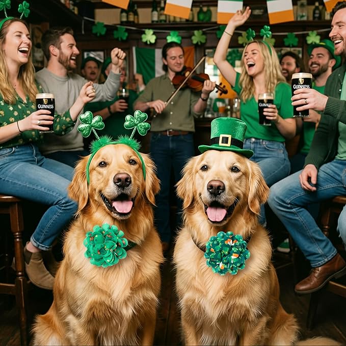 50 Pieces St Patricks Day Dog Collar Flowers Bulk Green Shamrocks Leprechauns Dog Charms Grooming Accessories Bowtie Flower for Puppy Cat Collar Attachment Embellishment Irish Party Costume
