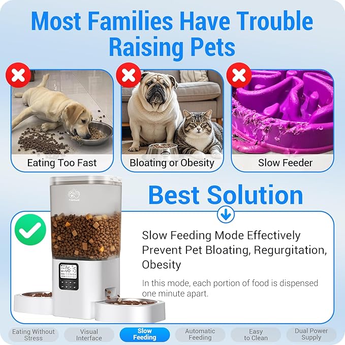 Timed Automatic Cat Feeder 2 Cats with Slow Feed: Dual Automatic Dog Feeder with Information Visualization, Programmable Auto Cat Food Dispenser for Multiple Pets,Detachable for Clean-29 Cup