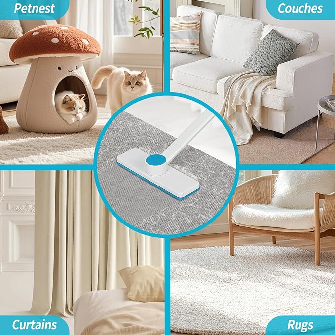2-in-1 Pet Hair Remover Roller & Brush - Furniture Carpet Rake and Silicone Pet Grooming Brush with Extendable Handle, Adhesive Hook for Easy Storage | Dog Cat Hair Removal Tool for Home Car Cleaning