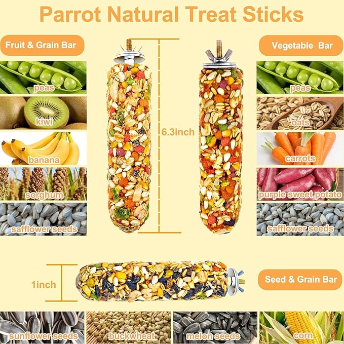3PCS Parakeet Treat,Natural Parrots Treat Sticks,Vegetable & Grain Flavor Crunch Sticks,Bird Treats for Cockatiel Budgies Lovebirds Conure Canary Finches