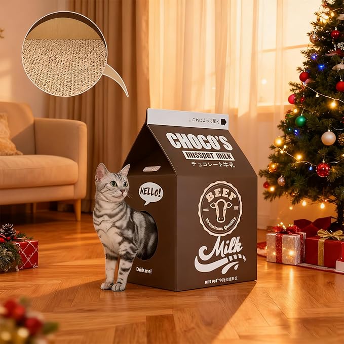 Simple Delxue Cardboard Cat House with Scratch Pad, Corrugated Kitten Hideaway Cave, Cute Cats Condos Box, Milk Box Shape Cat Scratching House Bed, Black