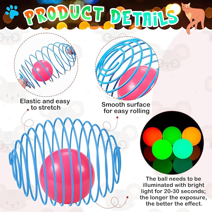 Jecery 5 Pcs Cat Spring Balls Toys Stretchable Rolling Balls Colorful Playful Coils Interactive Action Toy Caged Rats for Kitten Pet Supplies (Glow Ball,Multicolor)