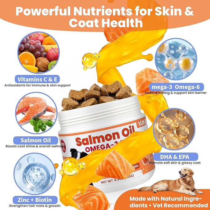 Salmon Oil for Dogs,Omega 3 for Dog Skin and Coat Supplement Chews Fish Oil Treat, Omega 6 EPA & DHA Fatty Acids Dry Skin Relief for Dogs, Coat Itch Relief Supplement,Salmon Flavor