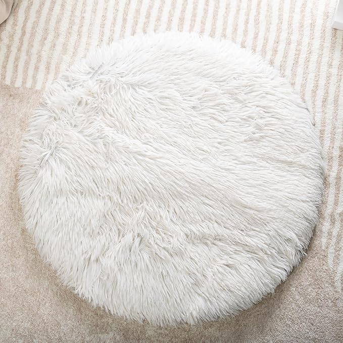 Round Plush Pet Mat Thin Style Pad Mat for Cats, Small Dogs, Rabbits, Guinea Pigs, Washable Soft Sofa mat, for Crate Cat Tree Tower Window Perch (White, Large (23.6inch) - 1pcs)