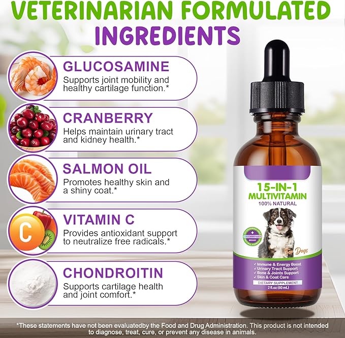 Dog Multivitamin, 15 in 1 Multivitamin for Dogs, Dog Vitamins Liquid Supplements Drops for Hip & Joint, Skin & Coat, Immune, with Glucosamine and MSM, 2 Oz