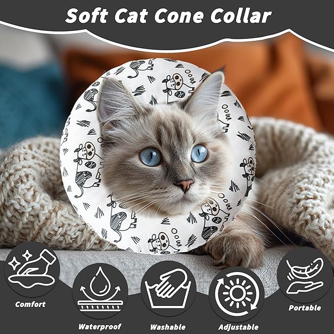 Soft Cat Cone Collar, Cute Cats Recovery Collar Suitable for Small, Medium, Large cat,Elizabethan Neck Collar for Cats After Surgery (Cow, Large)