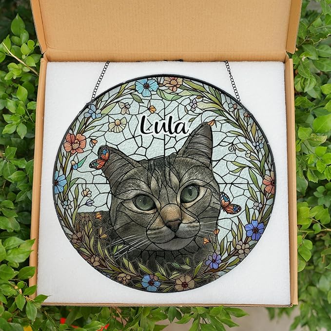 Custom Pet Memorial Sun Catcher, Glass Window Hanging with Photo, Floral Tribute Keepsake, Sympathy Gift for Dog or Cat Loss 2