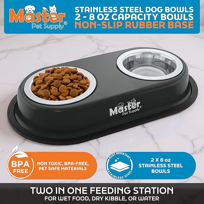Master Pet Supply Double Dog Bowls Set with Elevated Base and 2 (8 oz) Stainless Steel Removable Dishes (Black Velvet) – Double Cat Food Water Bowl, Dog Puppy Food Bowl Set, Rust Resistant